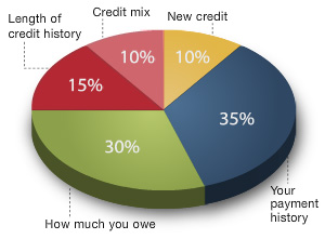 This pie chart explains the breakdown of a typical credit score.