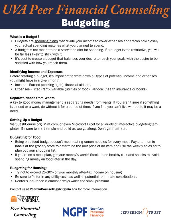 Budgeting tips from the text above are shown in bullet-point format. 